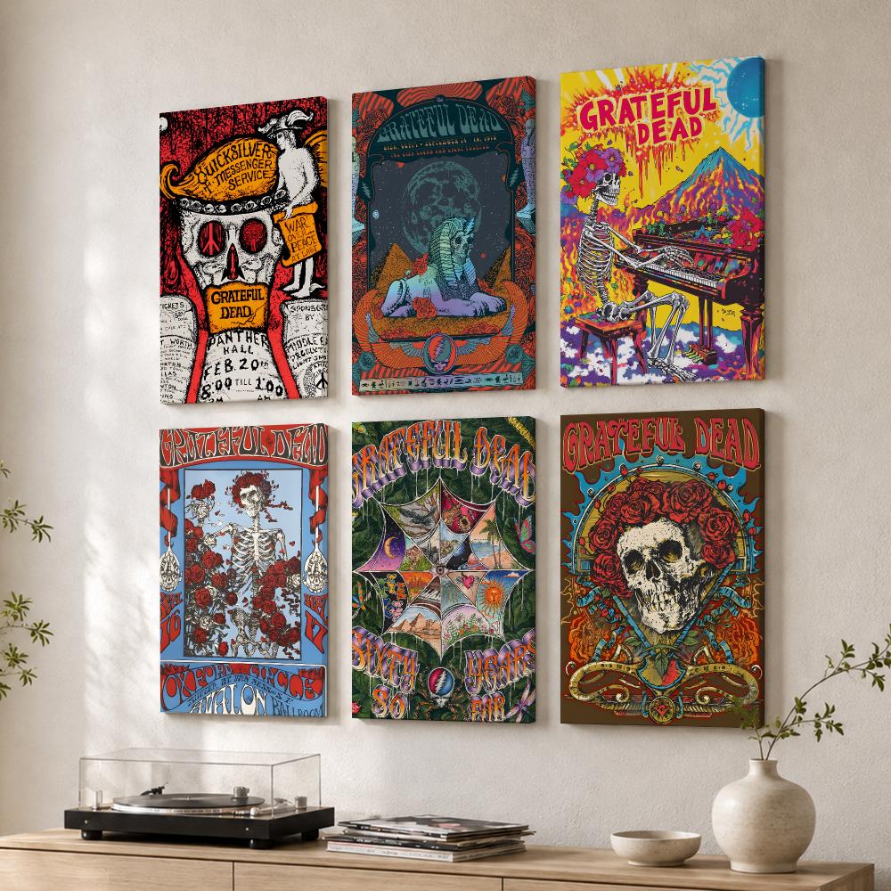 Live Rock - Rockband Grateful D-Dead, gerahmtes Wandbild, Holz-Leinwandposter